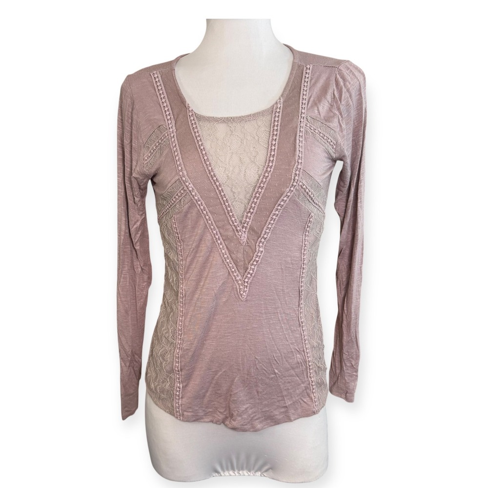 Daytrip Lace Inset Long Sleeve Top‎ Keyhole Back Blouse Women's XS